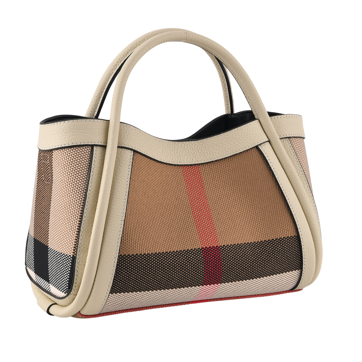 2 Piece Genuine Leather Check Stripe Tote Bag with Matching Zip Pouch - Ivory V32611827 5