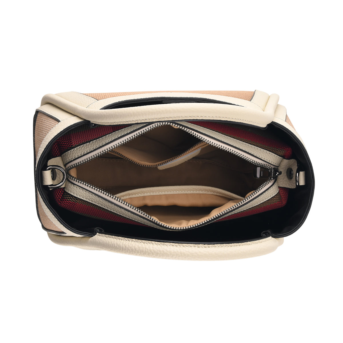 2 Piece Genuine Leather Check Stripe Tote Bag with Matching Zip Pouch - Ivory V32611827 6