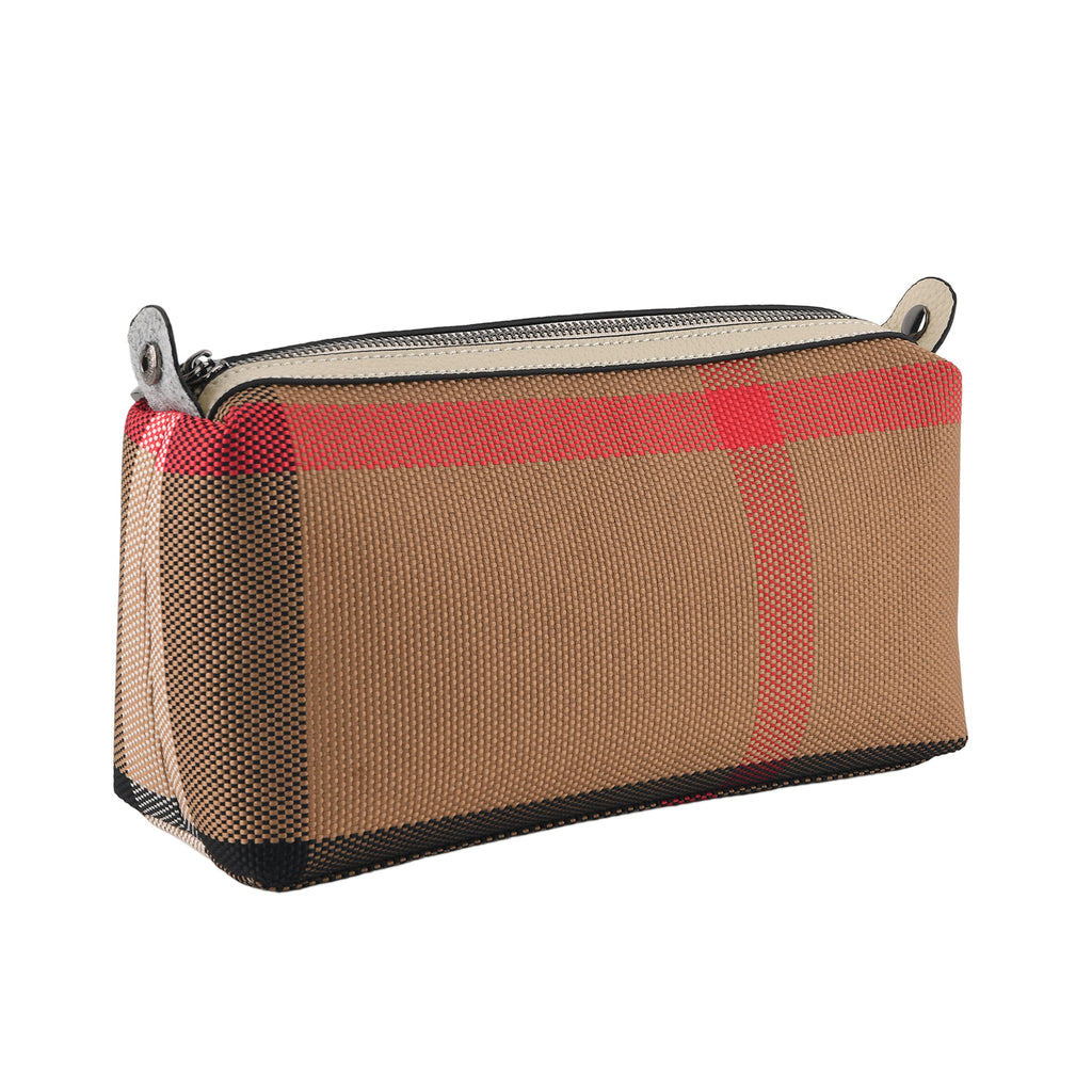 2 Piece Genuine Leather Check Stripe Tote Bag with Matching Zip Pouch - White & Multi_8516363_8