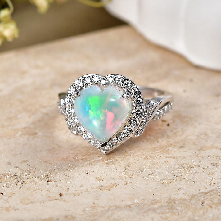 Luxuriant 10K White Gold AAA Ethiopian Opal, Lab Grown Diamond GH, SI Main Stone With Side Stone Ring, Gold Wt.3.86 Gms  2.940  Ct. 8516382 2