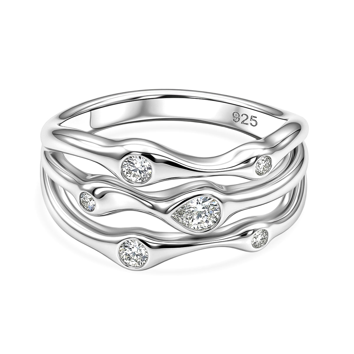 D'Joy GRA Certified Moissanite D-VVS1 Multi-Layer Wave Ring in Rhodium Overlay Sterling Silver V32610770 0