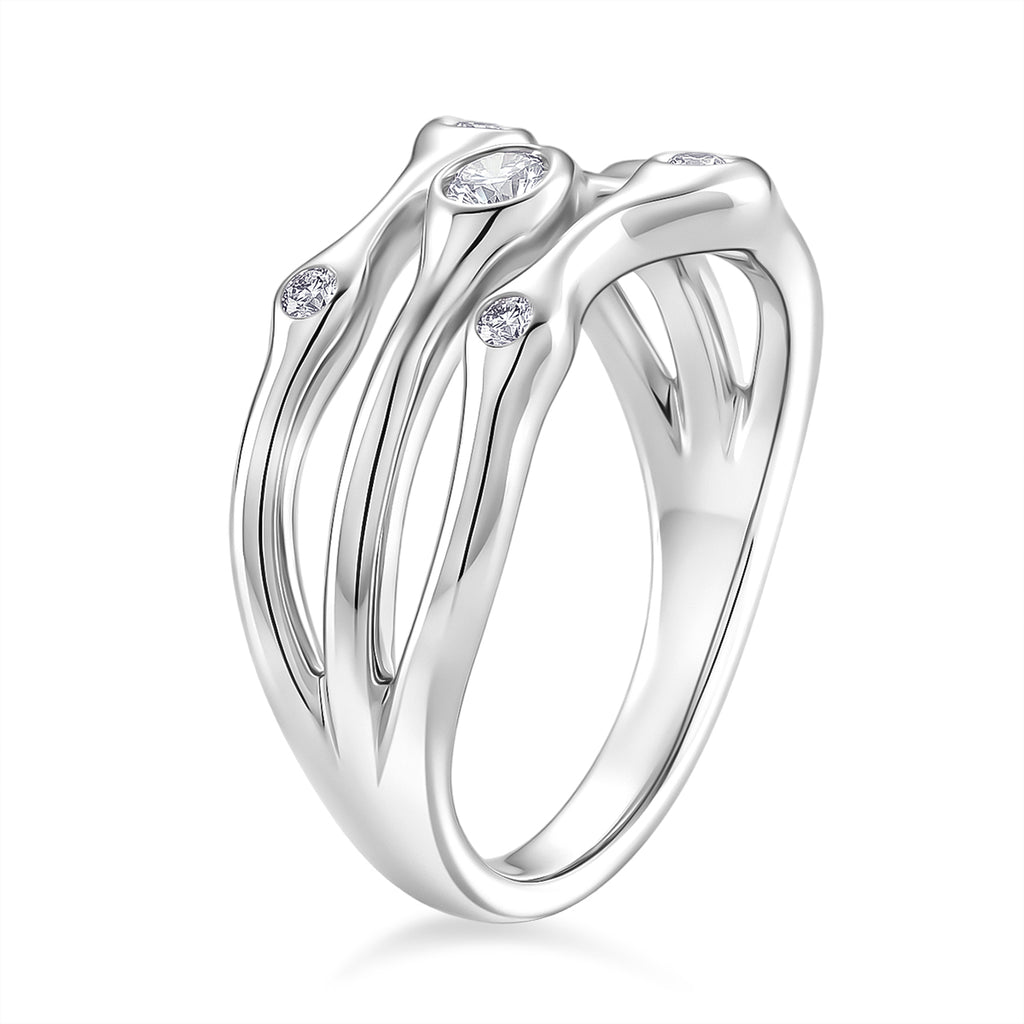 D'Joy GRA Certified Moissanite D-VVS1 Multi-Layer Wave Ring in Rhodium Overlay Sterling Silver_8516617_3