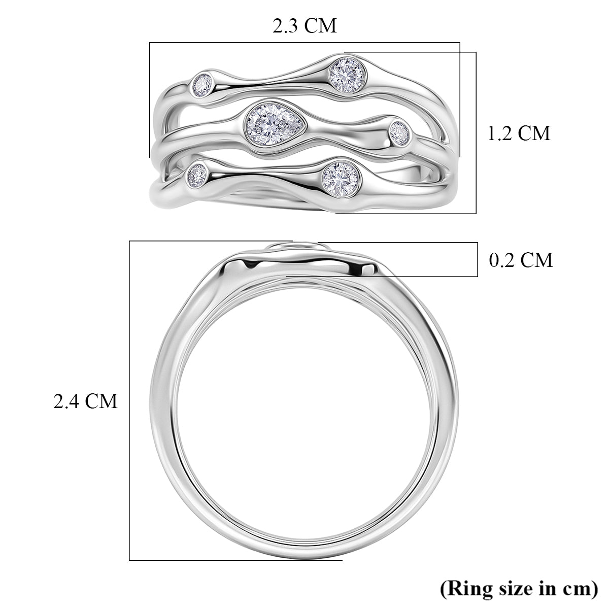 D'Joy GRA Certified Moissanite D-VVS1 Multi-Layer Wave Ring in Rhodium Overlay Sterling Silver V32610770 6