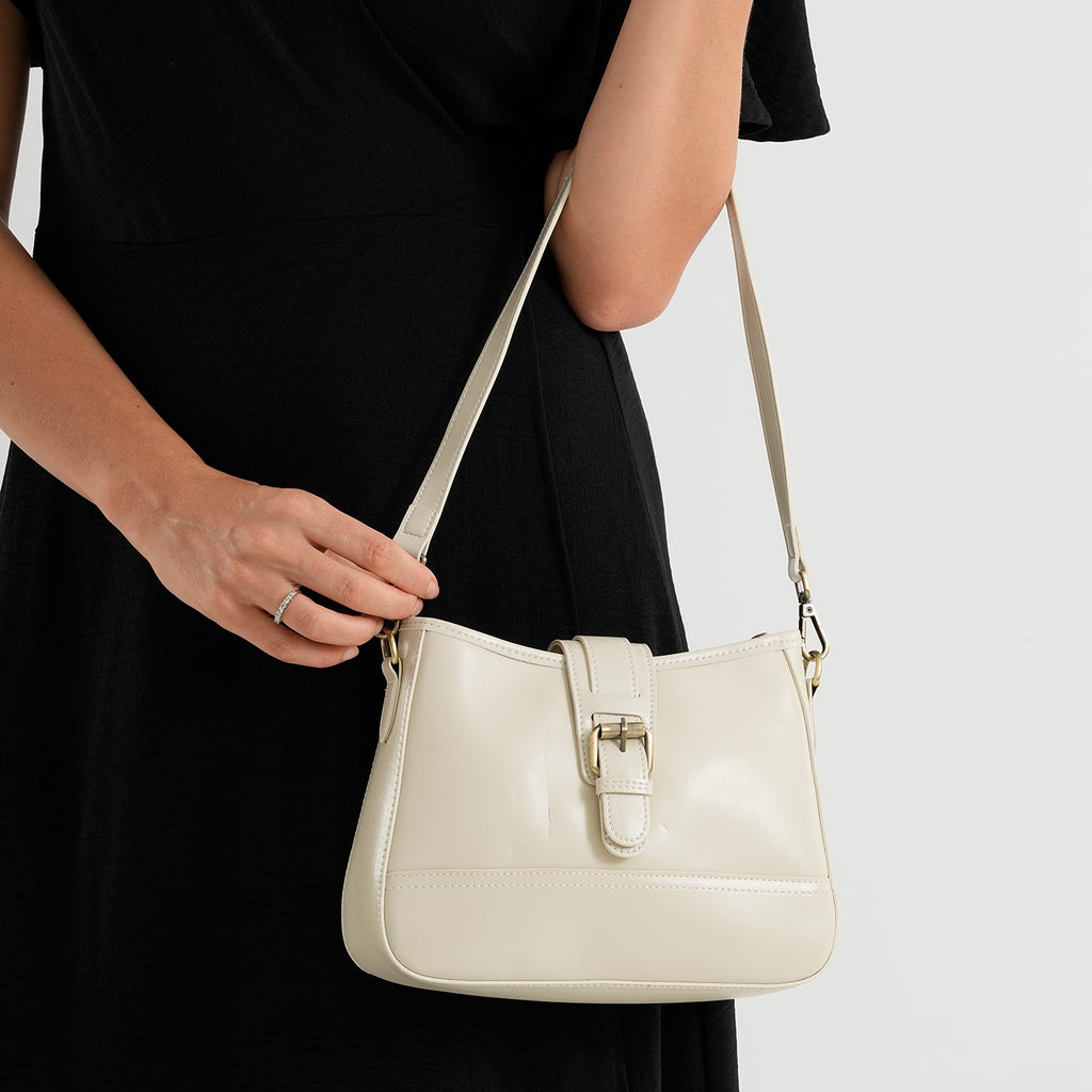 100% Genuine Leather Textured Casual Sling Bag with Adjustable Strap - Cream_8516626_3