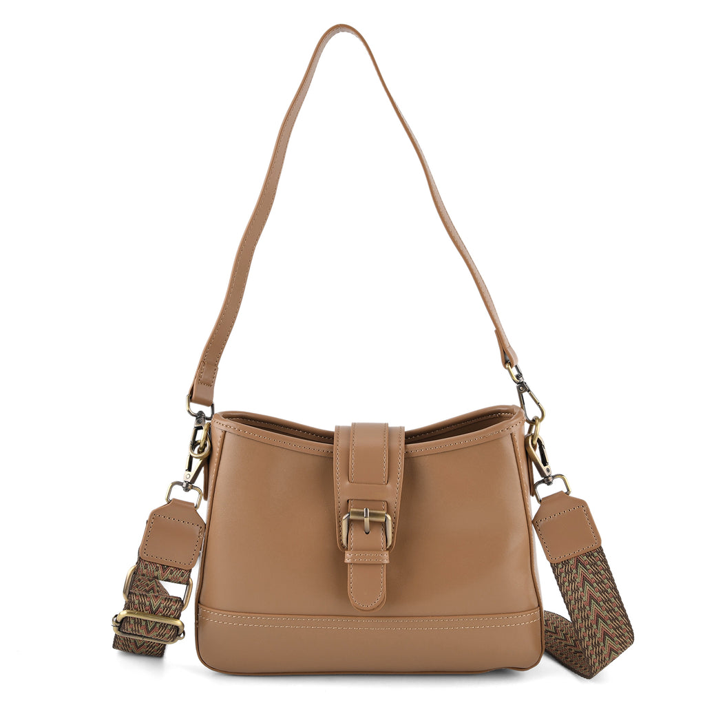 100% Genuine Leather Textured Casual Sling Bag with Adjustable Strap - Beige_8516627