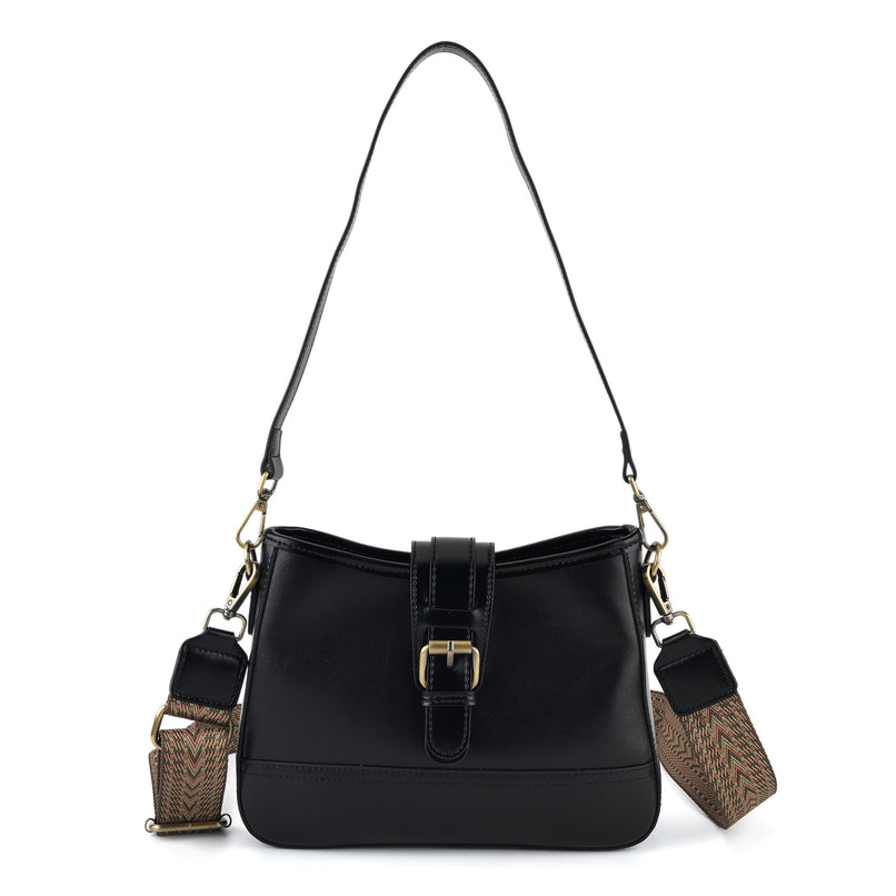 100% Genuine Leather Textured Casual Sling Bag with Adjustable Strap - Black_8516628