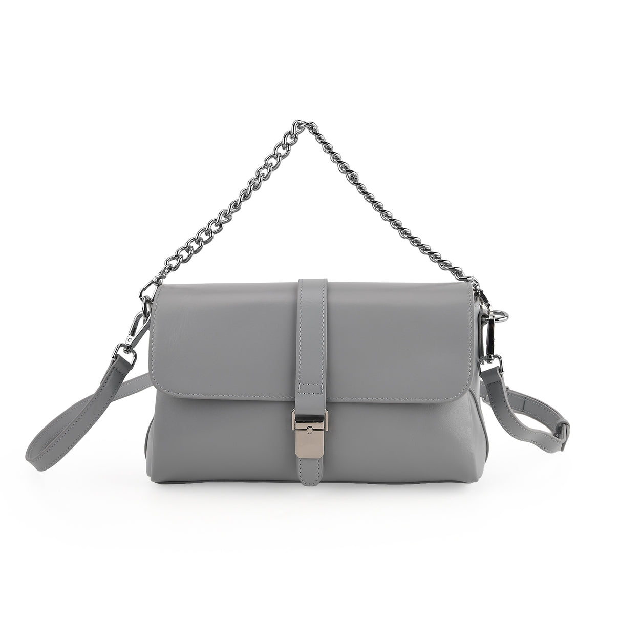 Genuine Leather Flap Over Crossbody Bag with 2 Interchangeable Straps - Grey 8516643 0