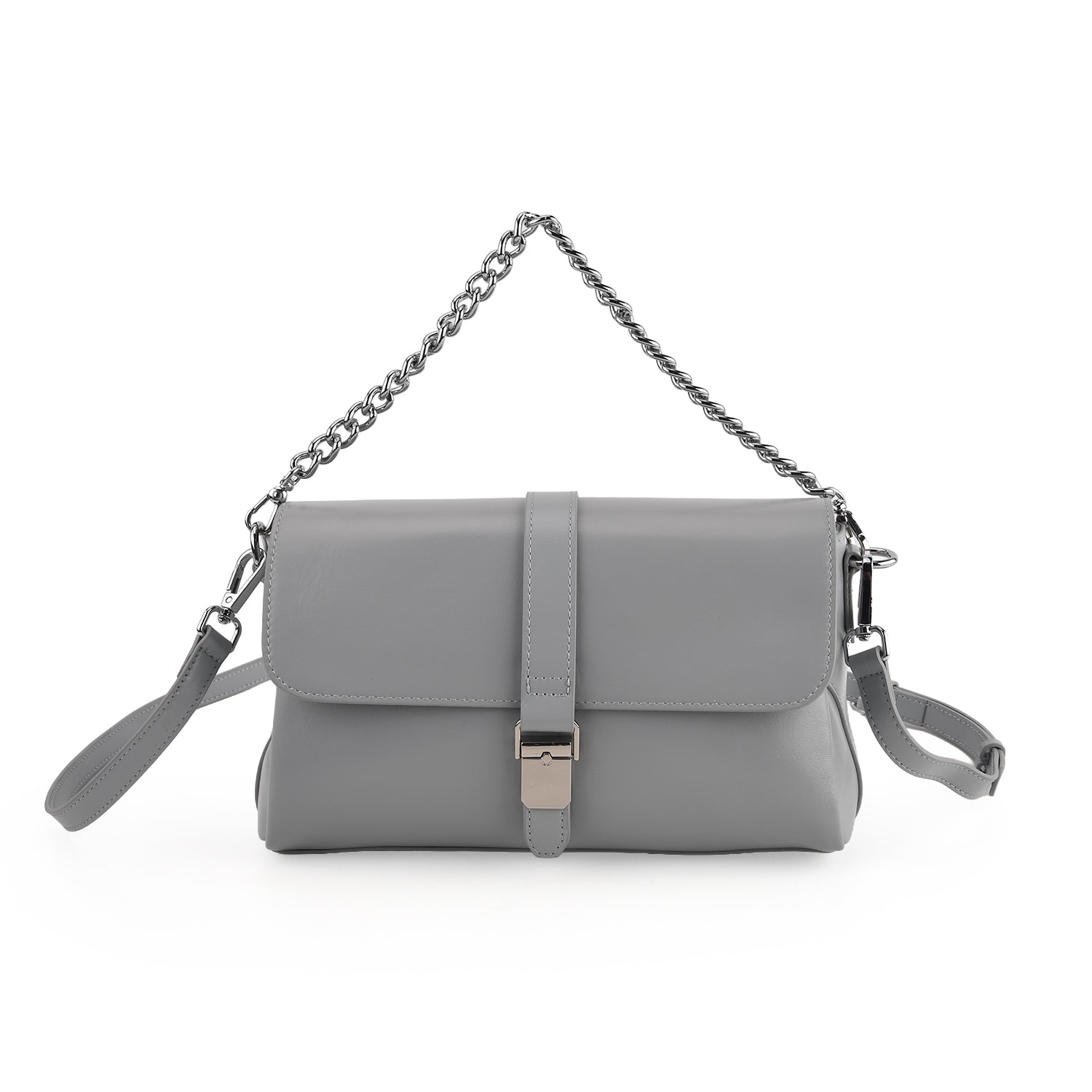 Genuine Leather Flap Over Crossbody Bag with 2 Interchangeable Straps - Grey 8516643 0