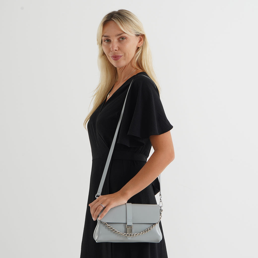Genuine Leather Flap Over Crossbody Bag with 2 Interchangeable Straps - Grey_8516643_1