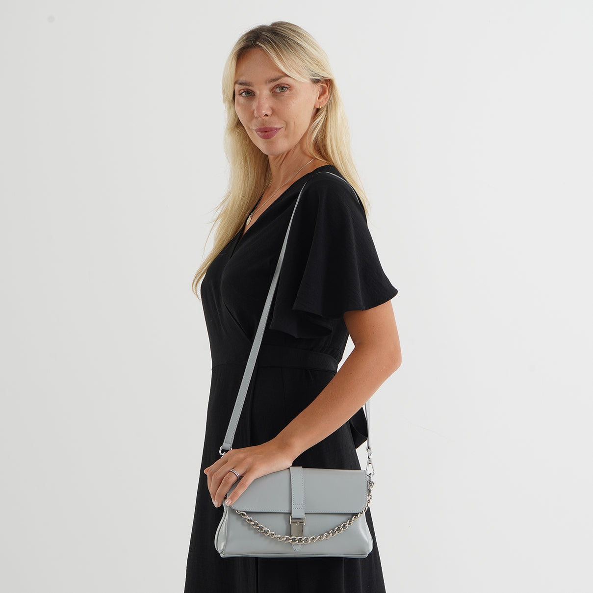 Genuine Leather Flap Over Crossbody Bag with 2 Interchangeable Straps - Grey 8516643 1