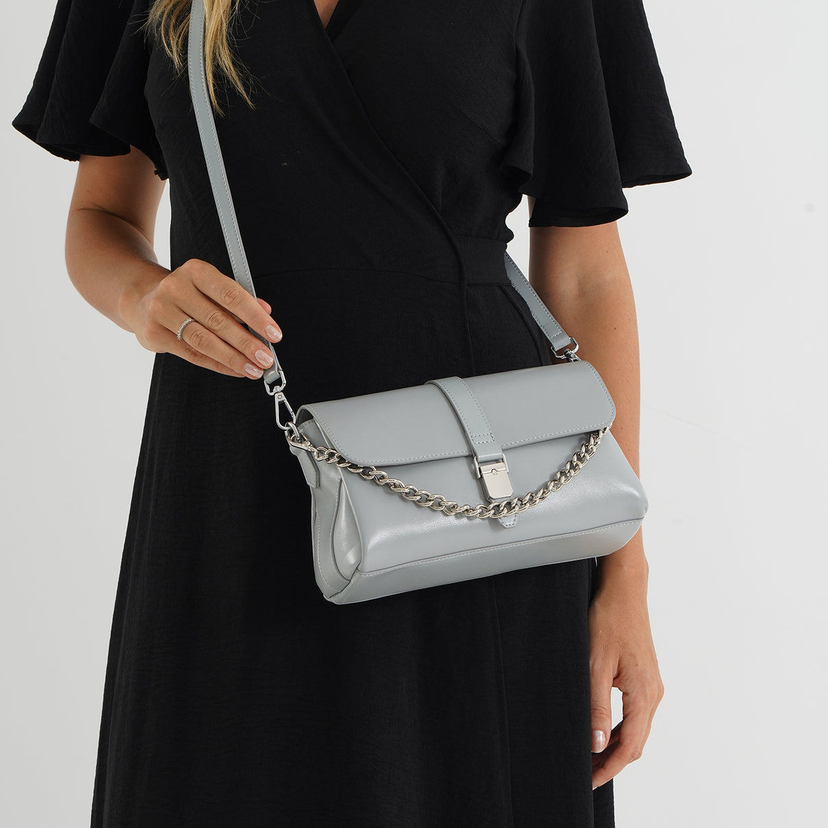 Genuine Leather Flap Over Crossbody Bag with 2 Interchangeable Straps - Grey 8516643 2