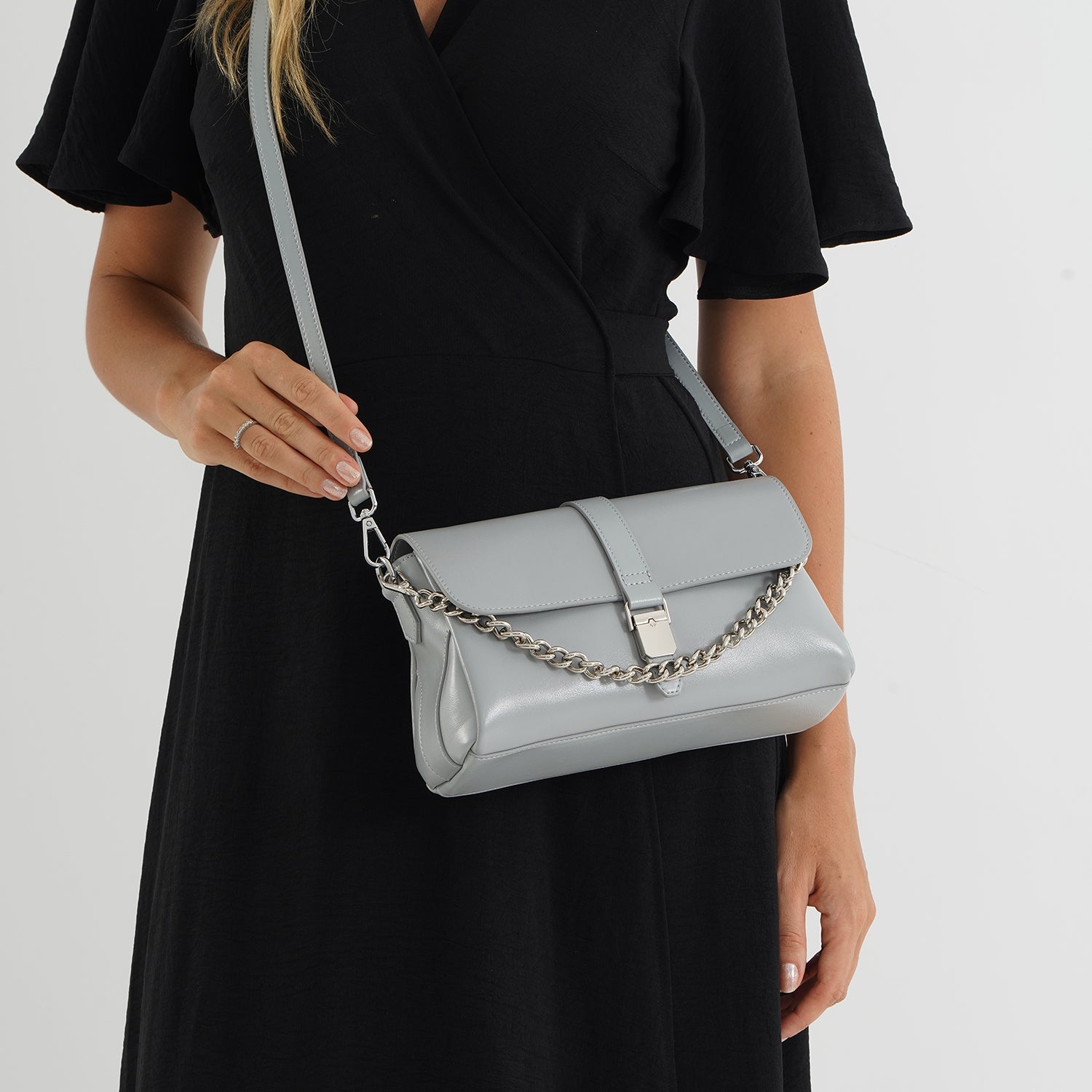 Genuine Leather Flap Over Crossbody Bag with 2 Interchangeable Straps - Grey 8516643 2