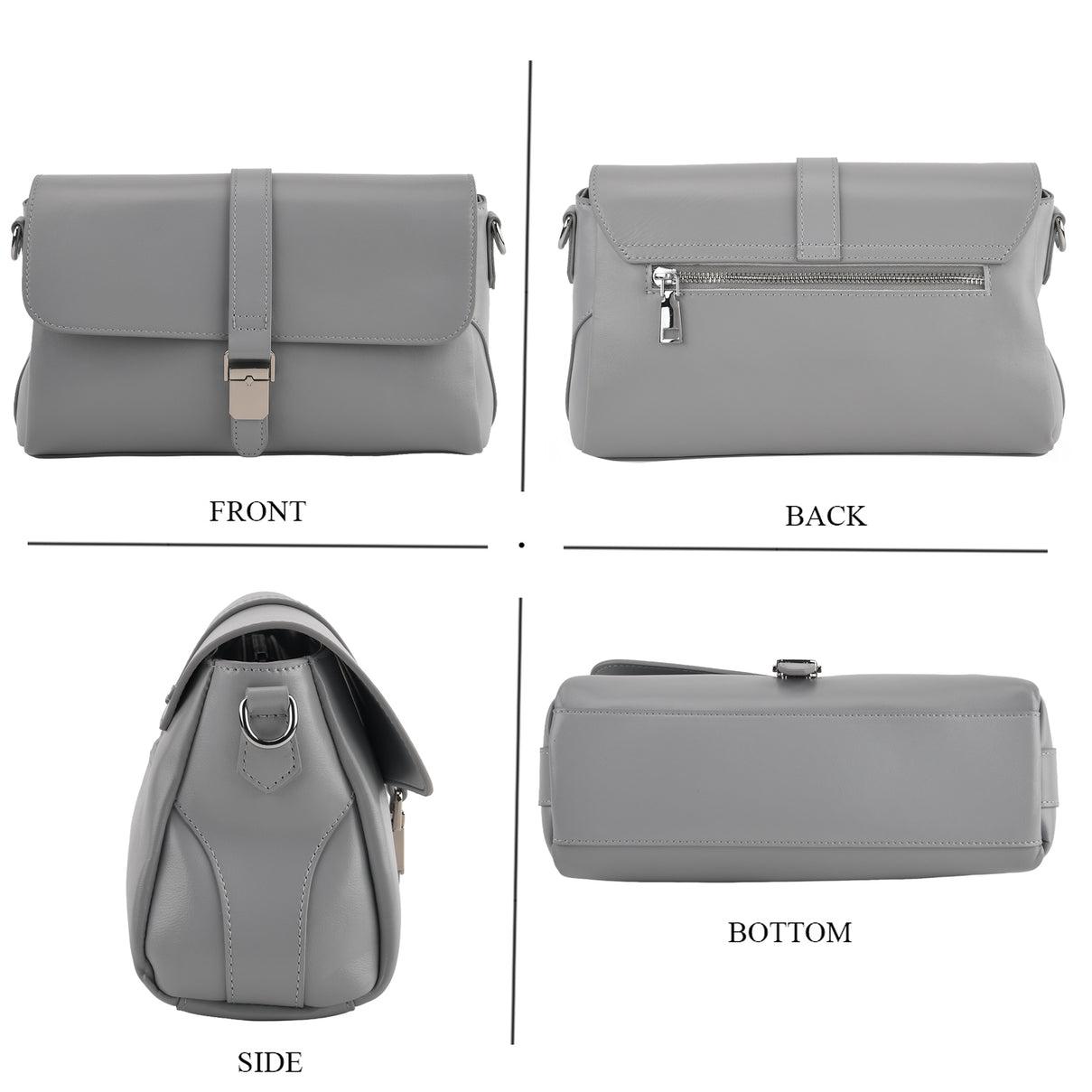 Genuine Leather Flap Over Crossbody Bag with 2 Interchangeable Straps - Grey 8516643 3