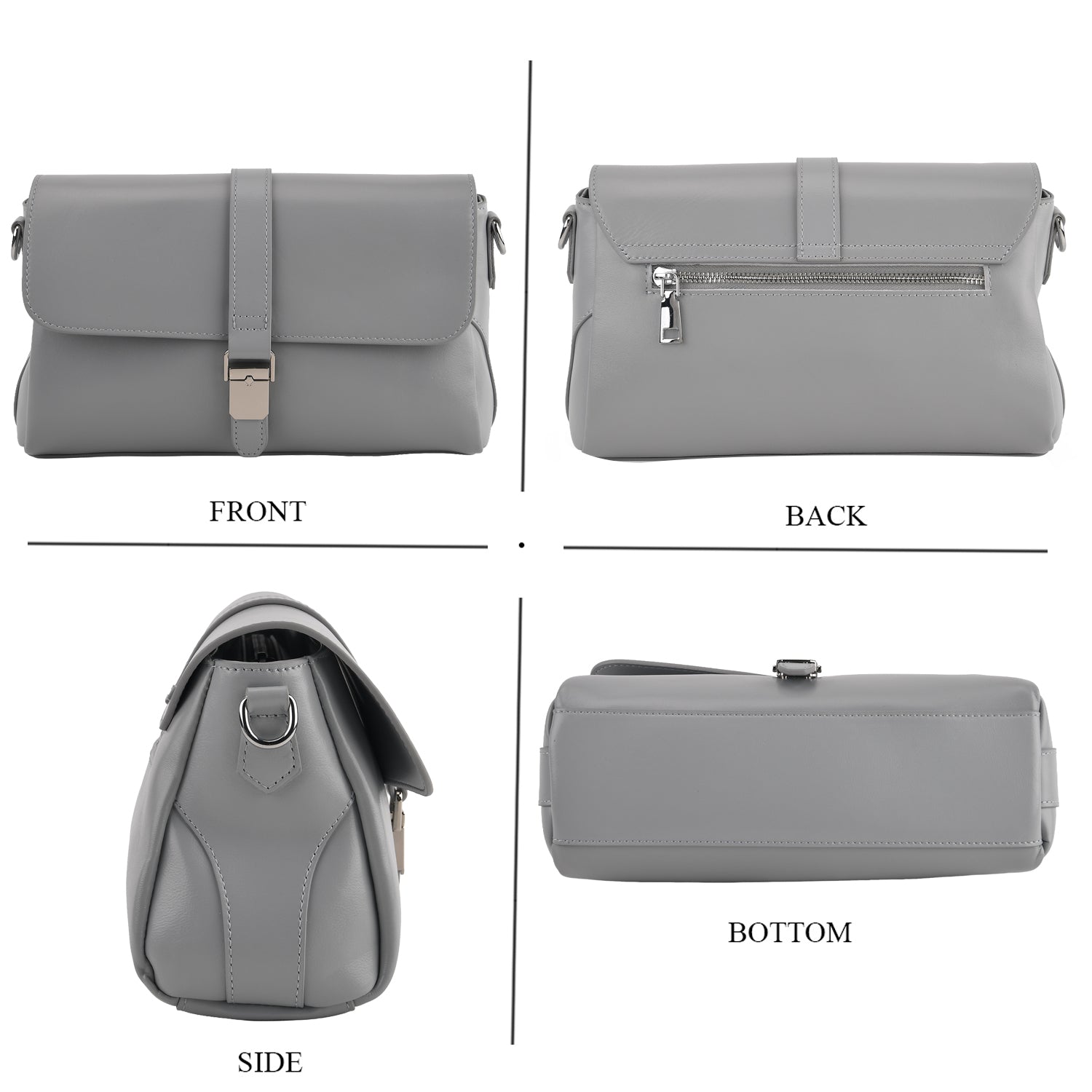 Genuine Leather Flap Over Crossbody Bag with 2 Interchangeable Straps - Grey 8516643 3