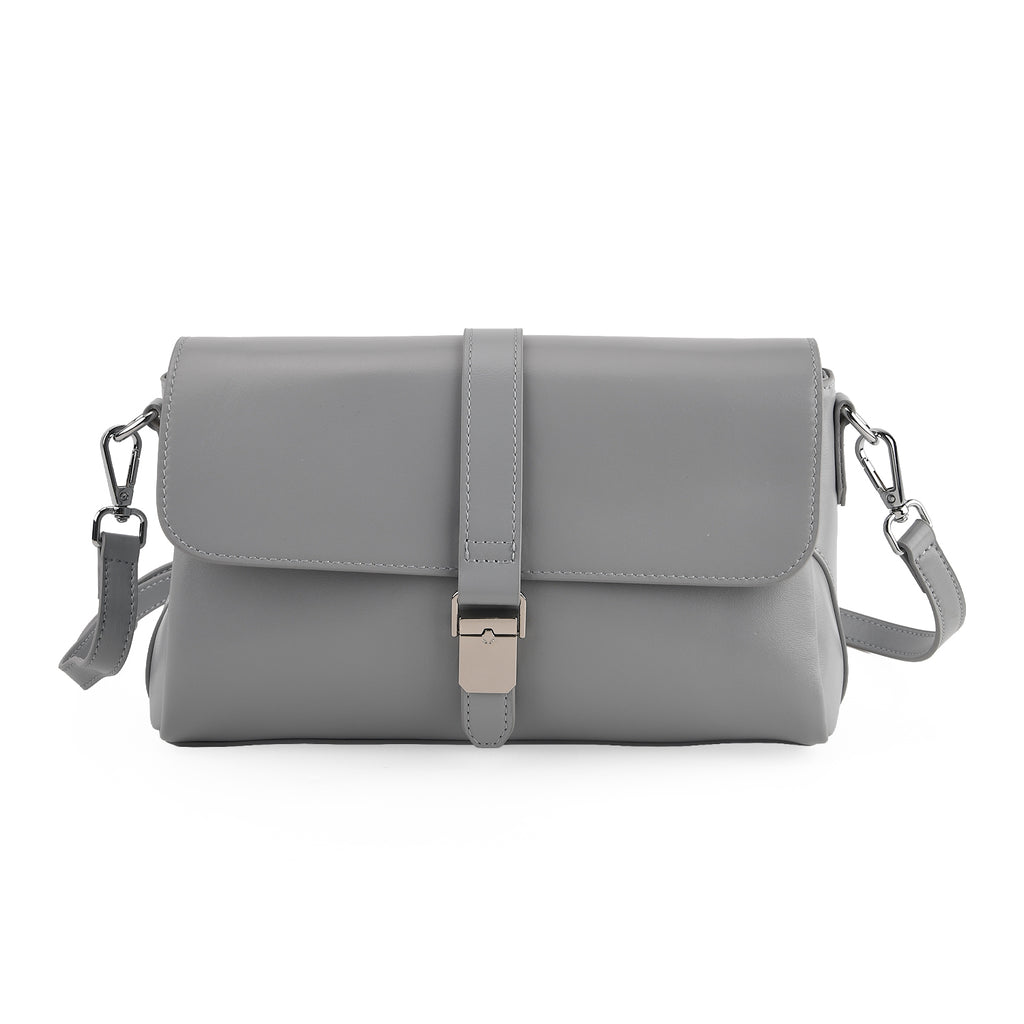 Genuine Leather Flap Over Crossbody Bag with 2 Interchangeable Straps - Grey_8516643_4