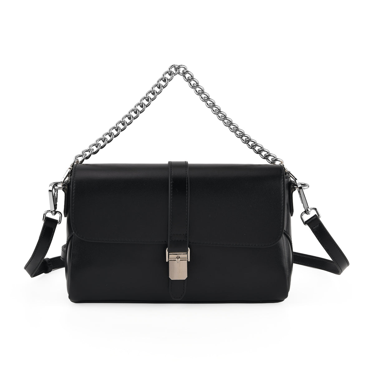 Genuine Leather Flap Over Crossbody Bag with 2 Interchangeable Straps - Black V32514735 0