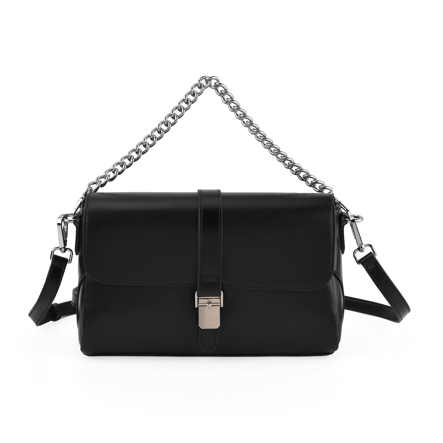 Genuine Leather Flap Over Crossbody Bag with 2 Interchangeable Straps - Black V32514735 0