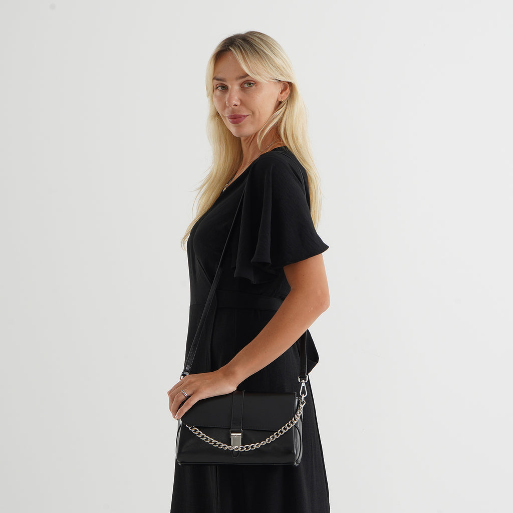 Genuine Leather Flap Over Crossbody Bag with 2 Interchangeable Straps - Black_8516644_1