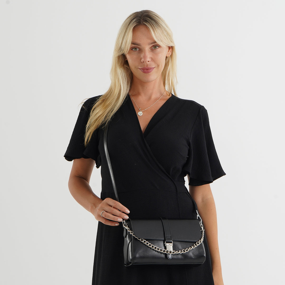 Genuine Leather Flap Over Crossbody Bag with 2 Interchangeable Straps - Black V32514735 3