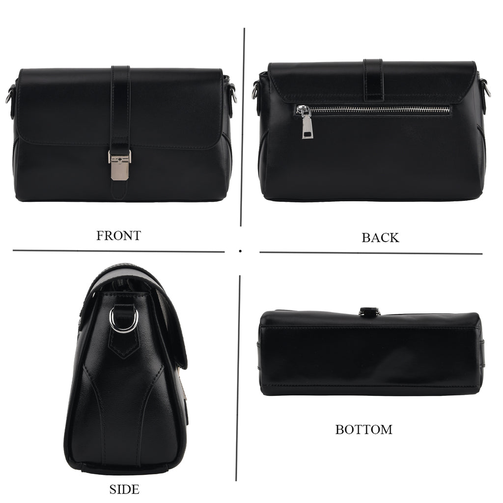 Genuine Leather Flap Over Crossbody Bag with 2 Interchangeable Straps - Black_8516644_3