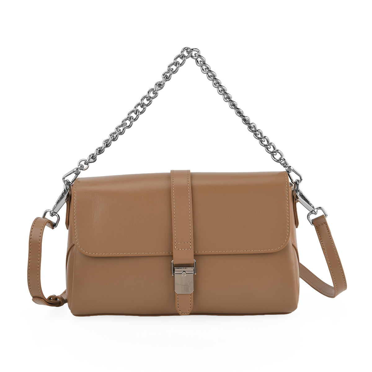 Genuine Leather Flap Over Crossbody Bag with 3 Interchangeable Straps - Khaki V32514995 0