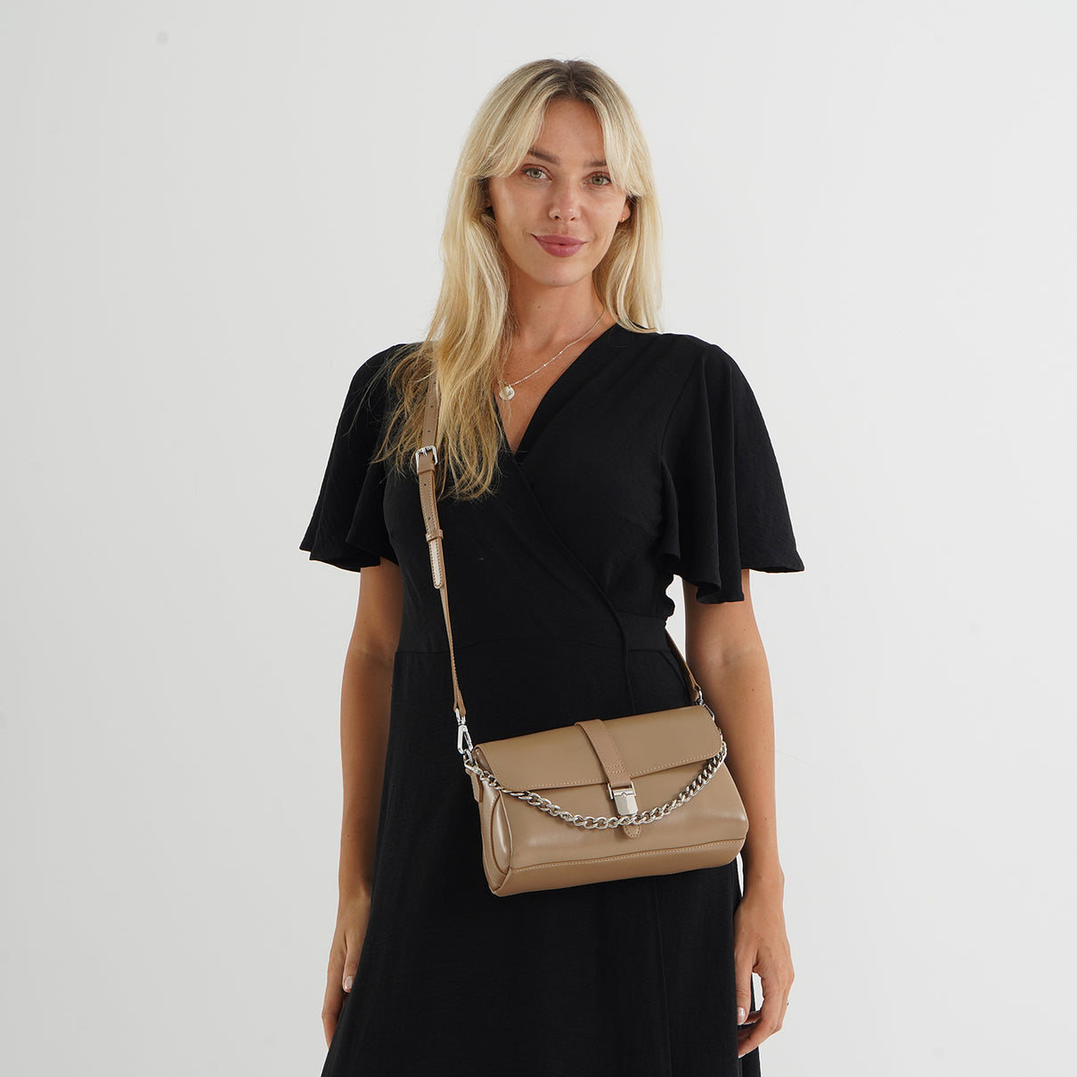 Genuine Leather Flap Over Crossbody Bag with 3 Interchangeable Straps - Khaki V32514995 2