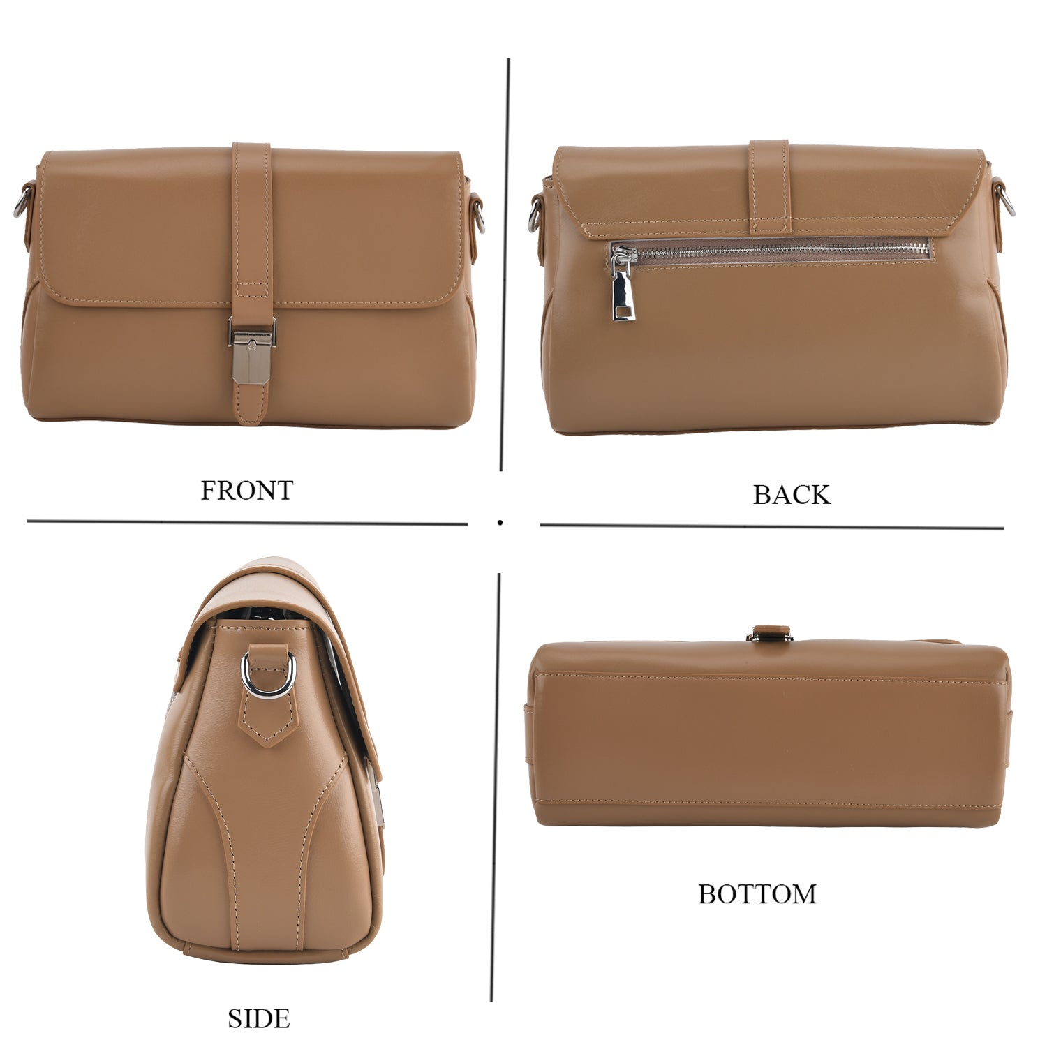 Genuine Leather Flap Over Crossbody Bag with 3 Interchangeable Straps - Khaki V32514995 4