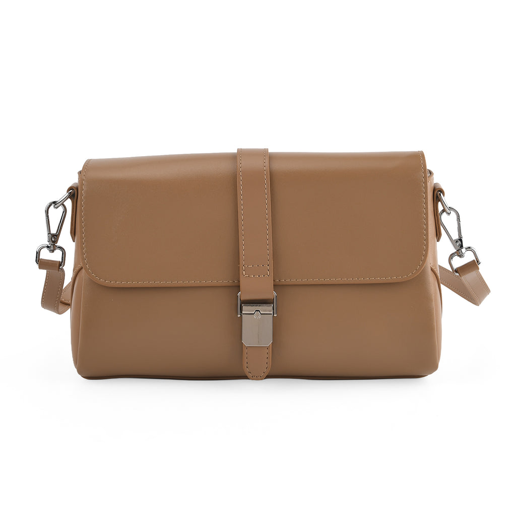 Genuine Leather Flap Over Crossbody Bag with 3 Interchangeable Straps - Khaki_8516645_4