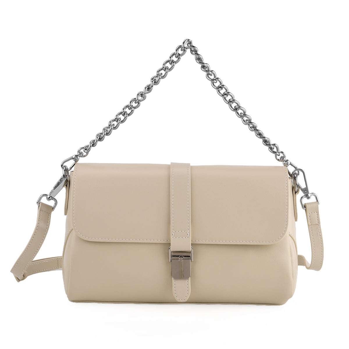 Genuine Leather Flap Over Crossbody Bag with 2 Interchangeable Straps - Beige V32513853 0
