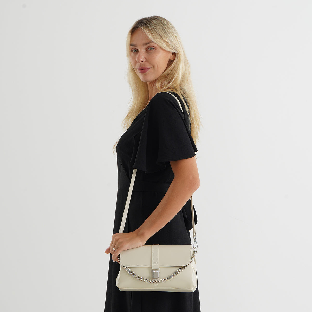 Genuine Leather Flap Over Crossbody Bag with 2 Interchangeable Straps - Beige V32513853 2