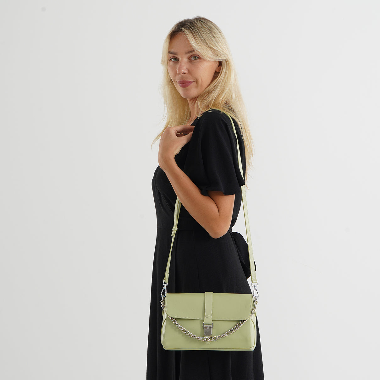 Genuine Leather Flap Over Crossbody Bag with 3 Interchangeable Straps - Apple Green V32514475 2