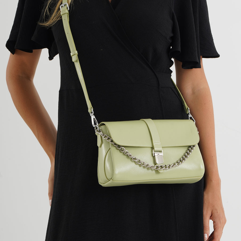 Genuine Leather Flap Over Crossbody Bag with 3 Interchangeable Straps - Apple Green_8516647_2