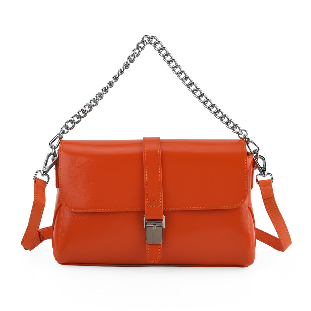 Genuine Leather Flap Over Crossbody Bag with 2 Interchangeable Straps - Orange_8516648
