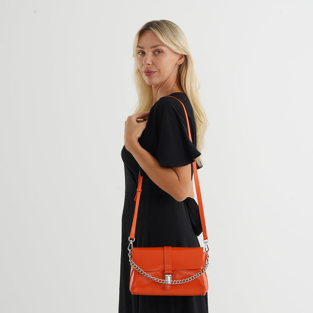 Genuine Leather Flap Over Crossbody Bag with 2 Interchangeable Straps - Orange V32515268 2