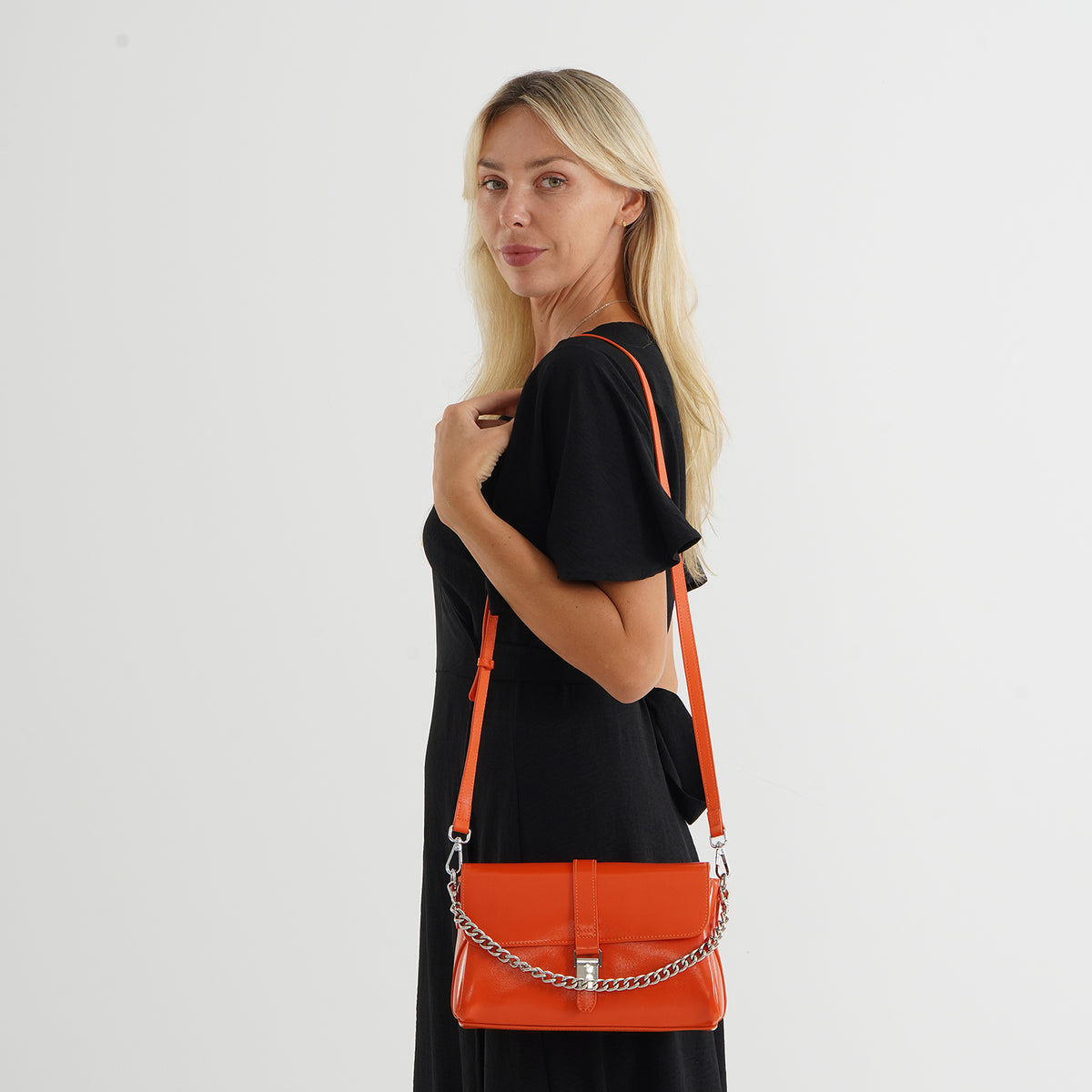 Genuine Leather Flap Over Crossbody Bag with 2 Interchangeable Straps - Orange V32515268 2
