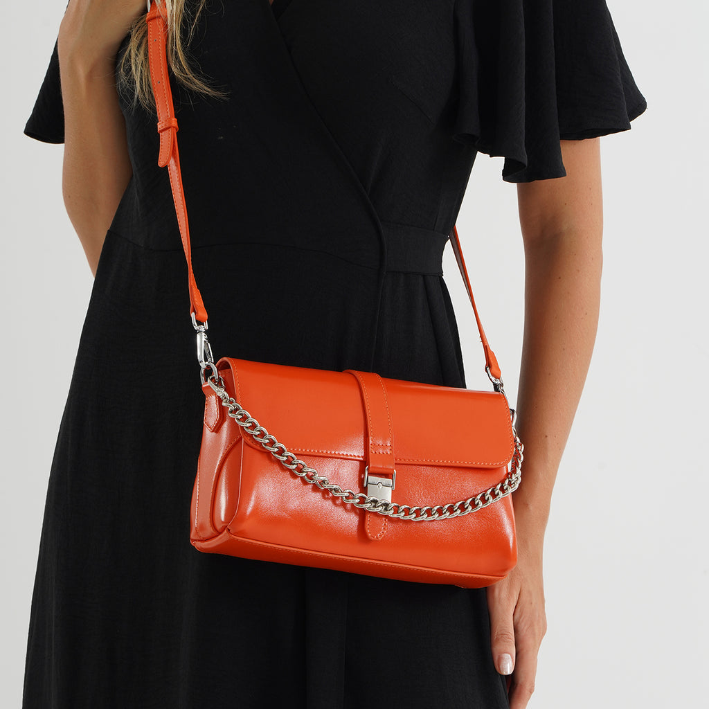 Genuine Leather Flap Over Crossbody Bag with 2 Interchangeable Straps - Orange_8516648_2