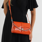 Genuine Leather Flap Over Crossbody Bag with 2 Interchangeable Straps - Orange_8516648_2