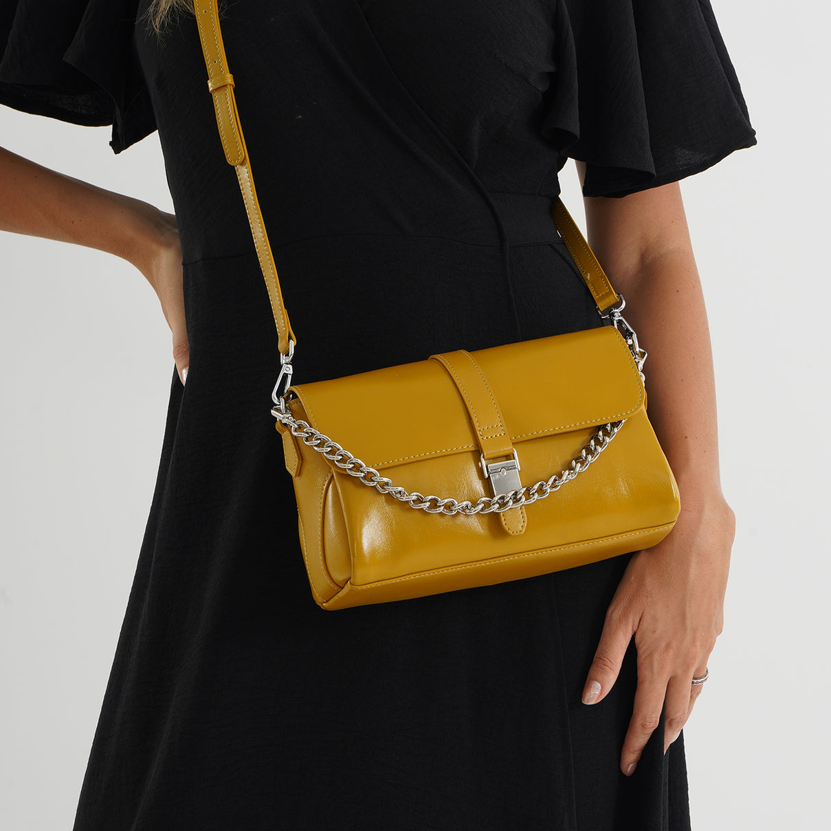 Genuine Leather Flap Over Crossbody Bag with 3 Interchangeable Straps - Yellow V32515005 3