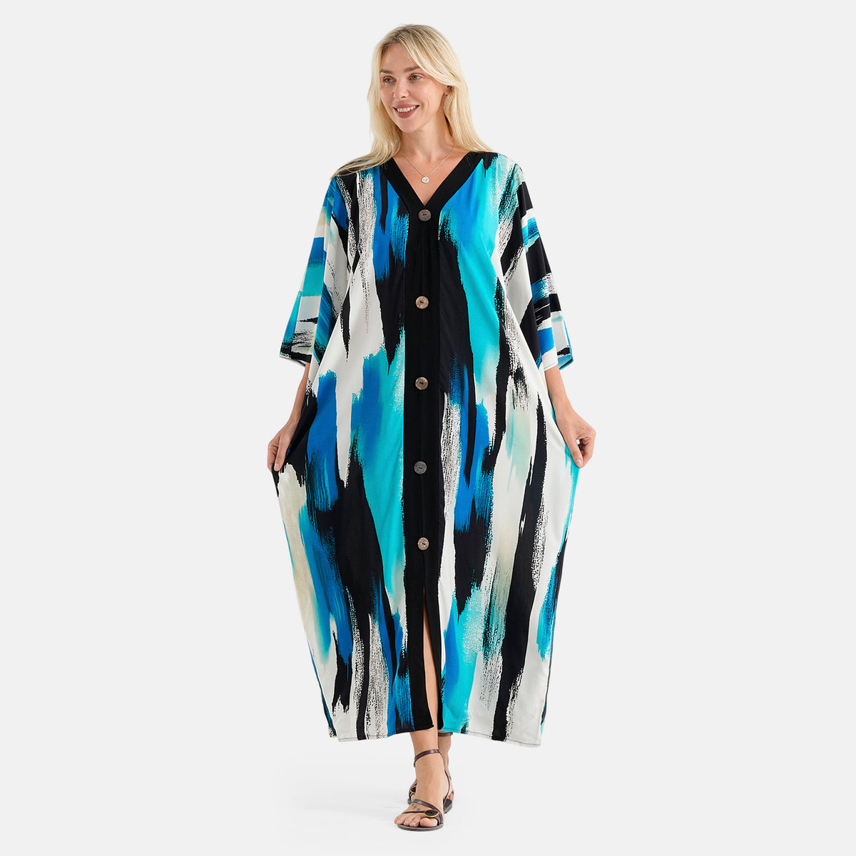 La Marey Printed V-Neck Kaftan (One Size) - Blue V32700798 4