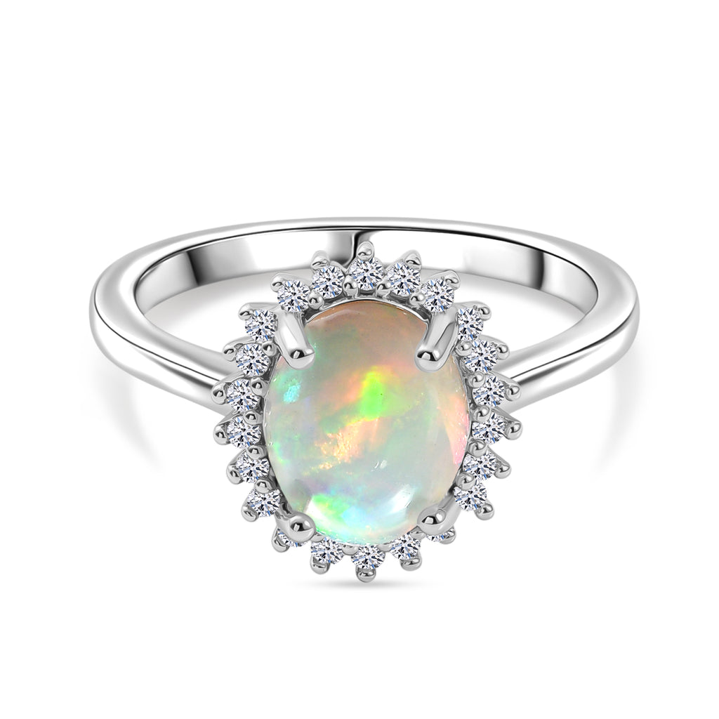 Ethiopian Opal & SI-G/H Lab Grown Diamond Halo Ring in Platinum Overlay Sterling Silver 1.45 Ct._8516814