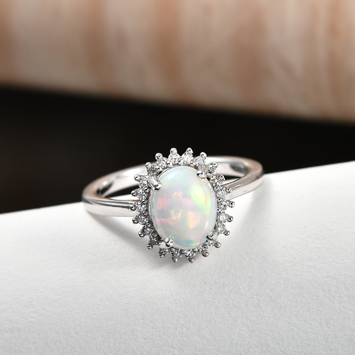 Ethiopian Opal &amp; SI-G/H Lab Grown Diamond Halo Ring in Platinum Overlay Sterling Silver 1.45 Ct. V32539805 3