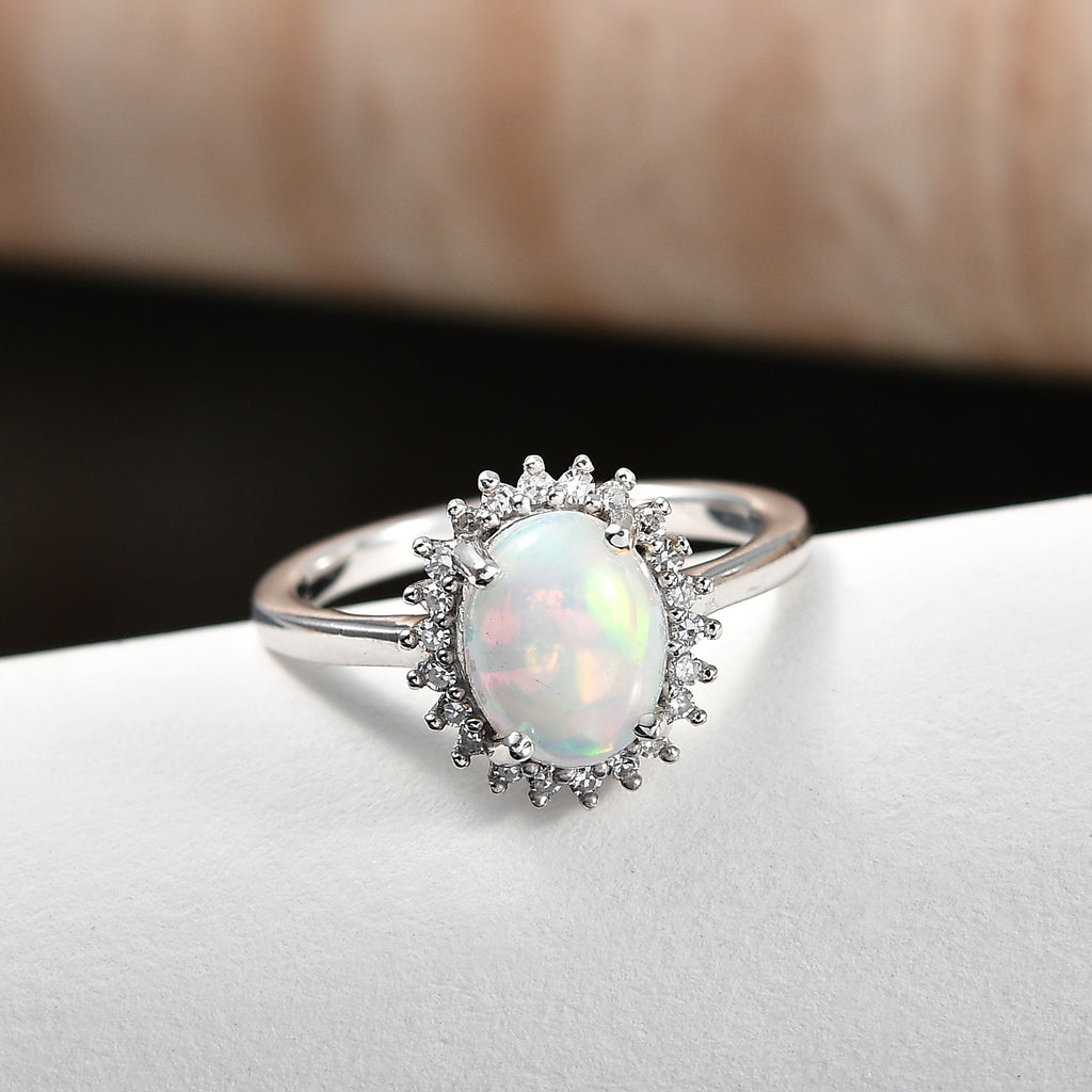 Ethiopian Opal & SI-G/H Lab Grown Diamond Halo Ring in Platinum Overlay Sterling Silver 1.45 Ct._8516815_2
