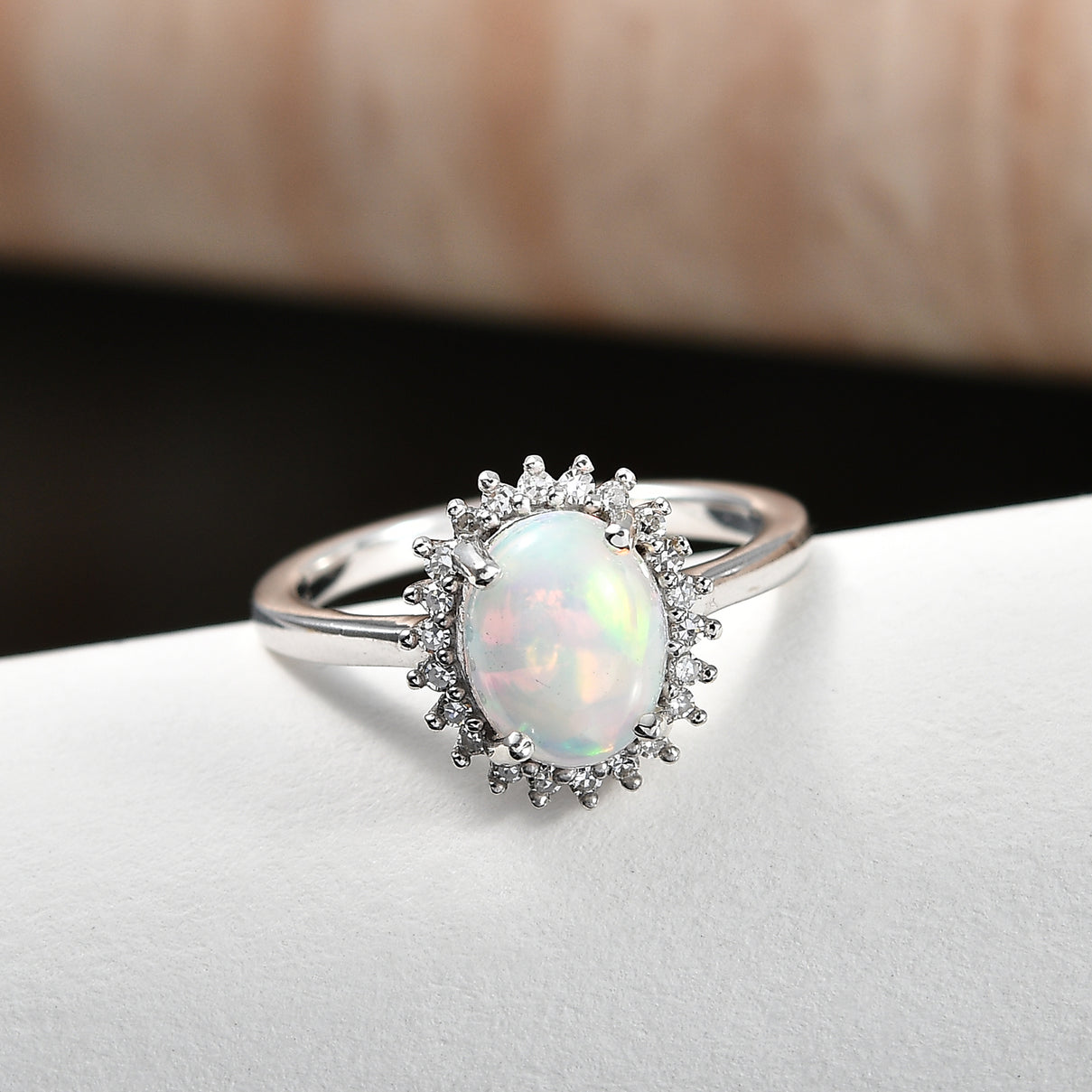 Ethiopian Opal &amp; SI-G/H Lab Grown Diamond Halo Ring in Platinum Overlay Sterling Silver 1.45 Ct. V32520583 3