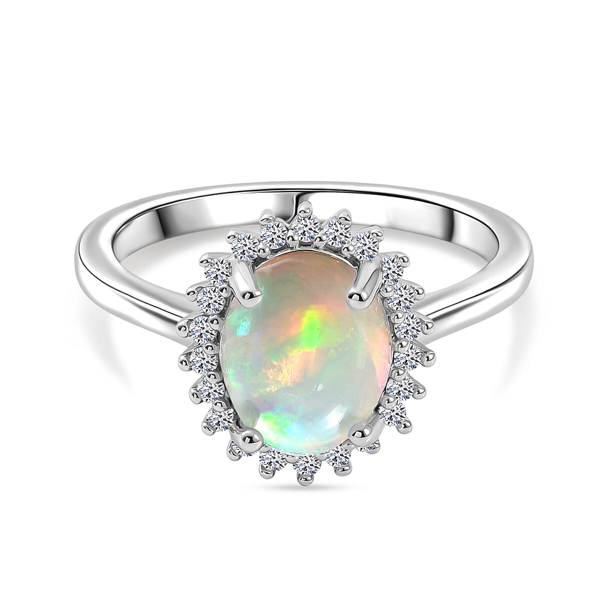 Ethiopian Opal &amp; SI-G/H Lab Grown Diamond Halo Ring in Platinum Overlay Sterling Silver 1.45 Ct. V32539279 0