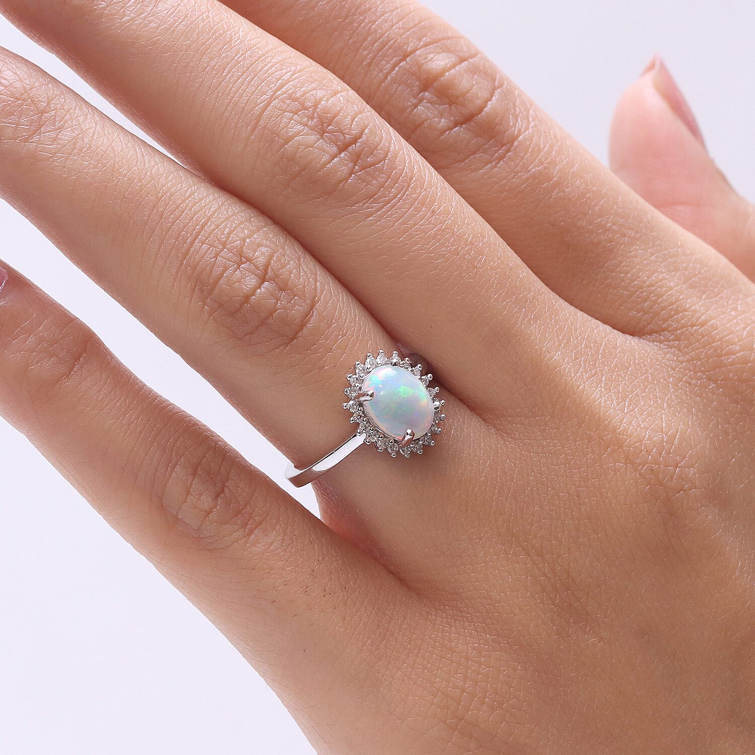 Ethiopian Opal &amp; SI-G/H Lab Grown Diamond Halo Ring in Platinum Overlay Sterling Silver 1.45 Ct. V32539279 2