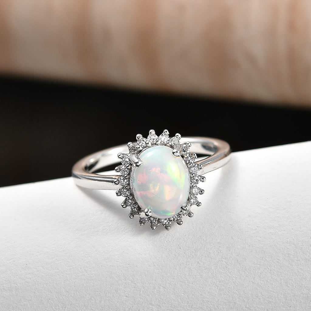 Ethiopian Opal & SI-G/H Lab Grown Diamond Halo Ring in Platinum Overlay Sterling Silver 1.45 Ct._8516818_2