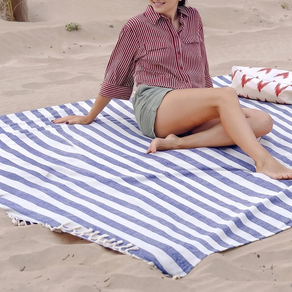 Livmore 100% Cotton Fouta Beach Striped Throw with Fringes (90 x 170 cm) - Navy_8518560_1