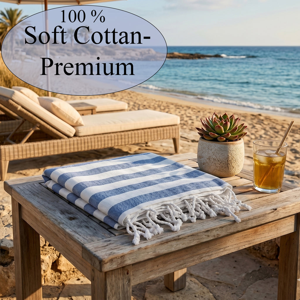 Livmore 100% Cotton Fouta Beach Striped Throw with Fringes (90 x 170 cm) - Navy_8518560_2