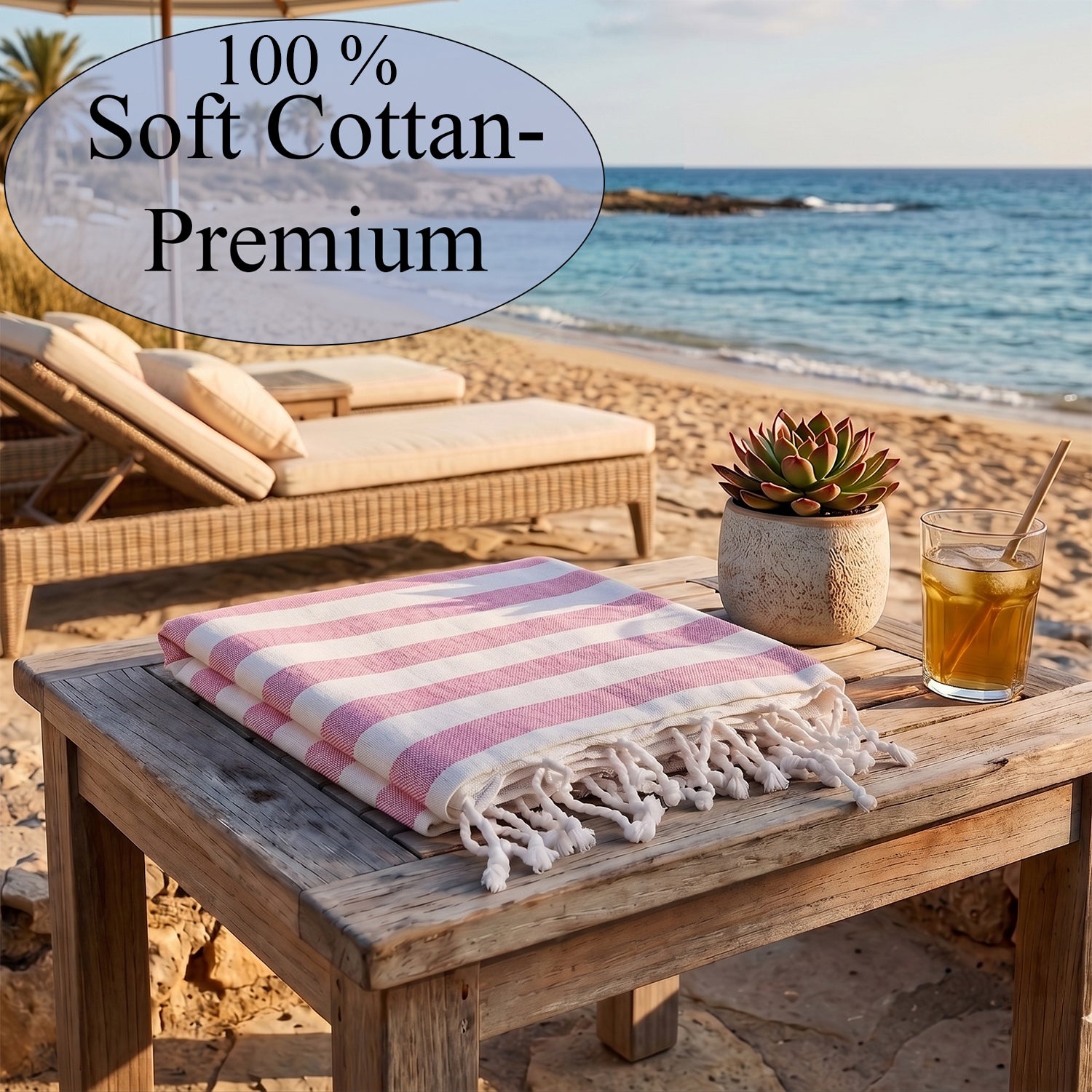 Livmore 100% Cotton Fouta Beach Striped Towel with Fringes (90 x 170 cm) - Pink V32513814 2