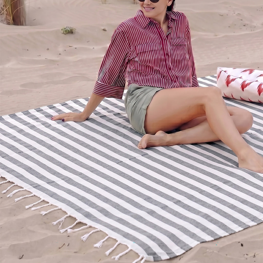 Livmore 100% Cotton Fouta Beach Striped Throw with Fringes (90 x 170 cm) - Grey_8518562_1